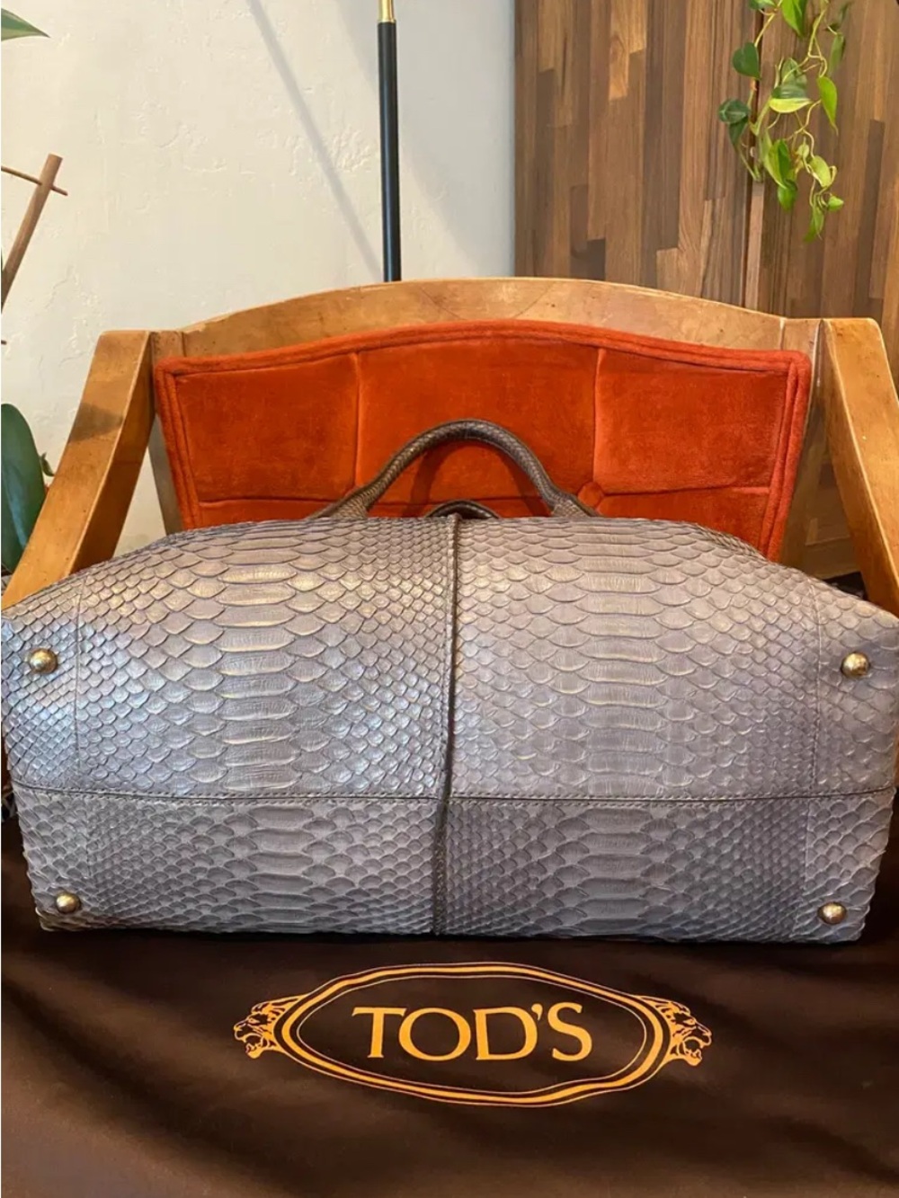TOD'S Silver-Gray Python Leather Tote - Picture 5 of 10